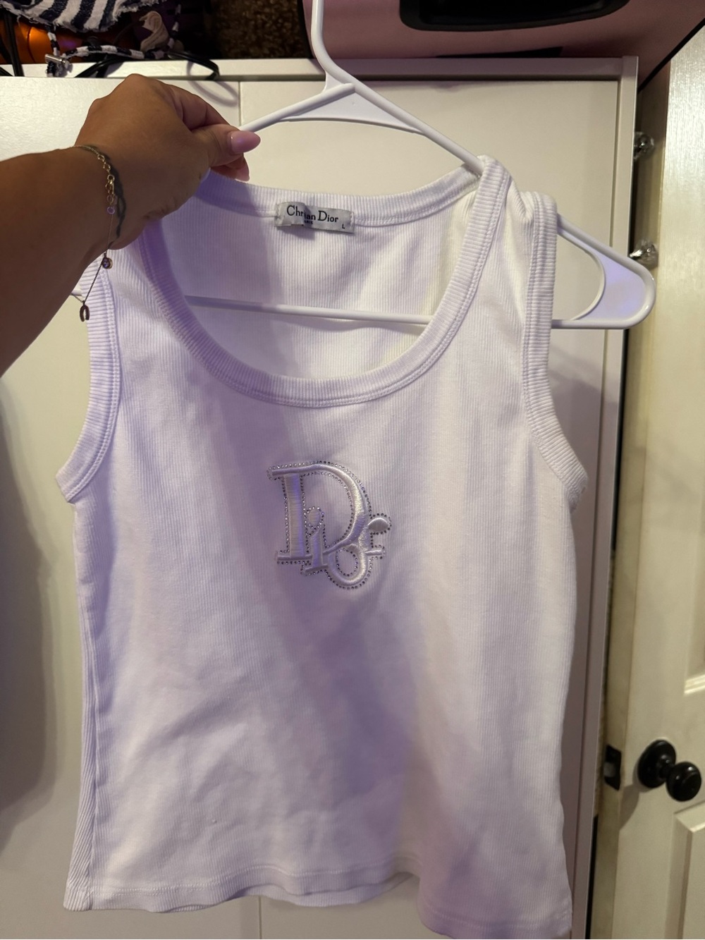 Dior White Girls' Tank Top with Embellished Logo